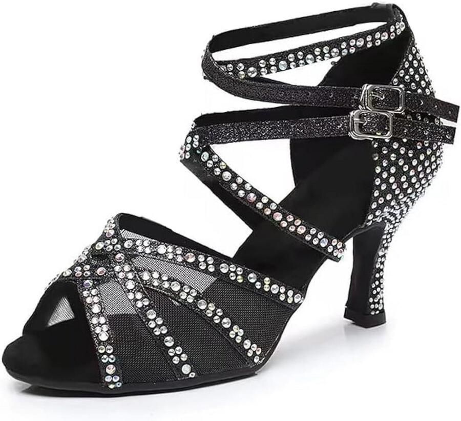 Dames Latijnse Dansschoenen Zwart met Strass Hoge Hak voor Salsa Bachata en Ballroom