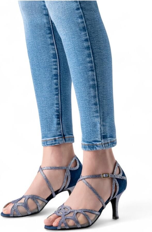 Dames latin Dansschoenen voor Argentijnse Tango Salsa Bachata Nueva Epoca Adriana Hakhoogte van Suède buitenzool Comfortabele pasvorm Nueva Epoca Blauw