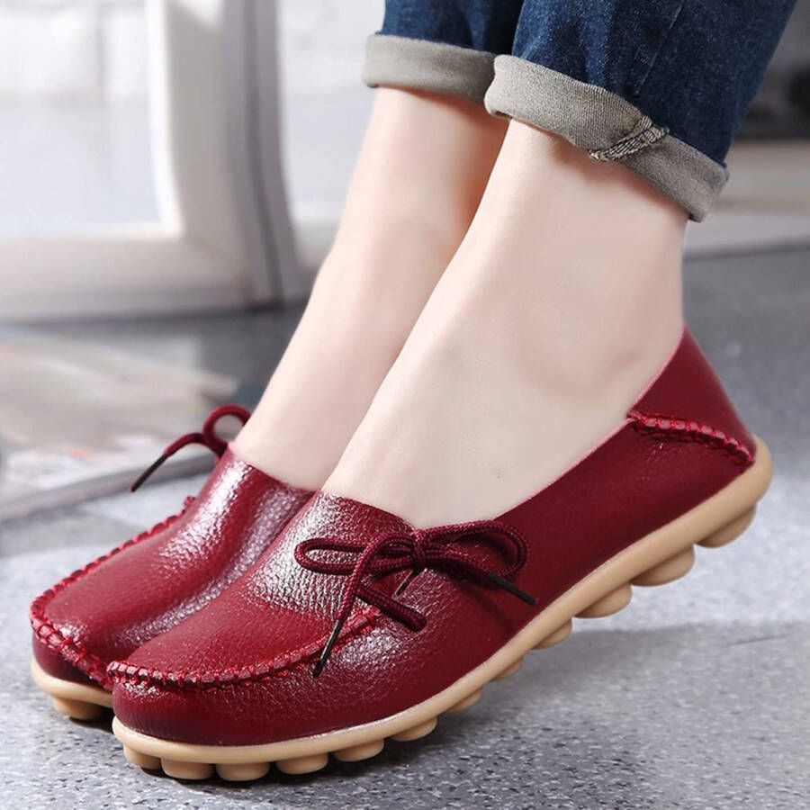 Dames Lederen Mocassins Casual Loafers Platte Boots Slip-On Schoenen Wijn Rood