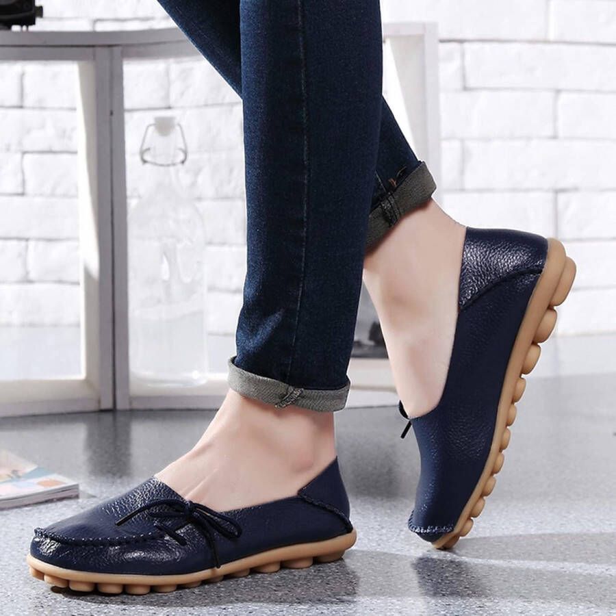 Dames Lederen Mocassins Casual Veterloze Instappers Marineblauw EU Comfortabele Platte Bootschoenen