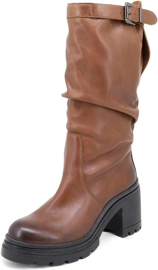 Dames Leren Laarzen met Hak en Plateauzool Stoere Biker Winterlaarzen