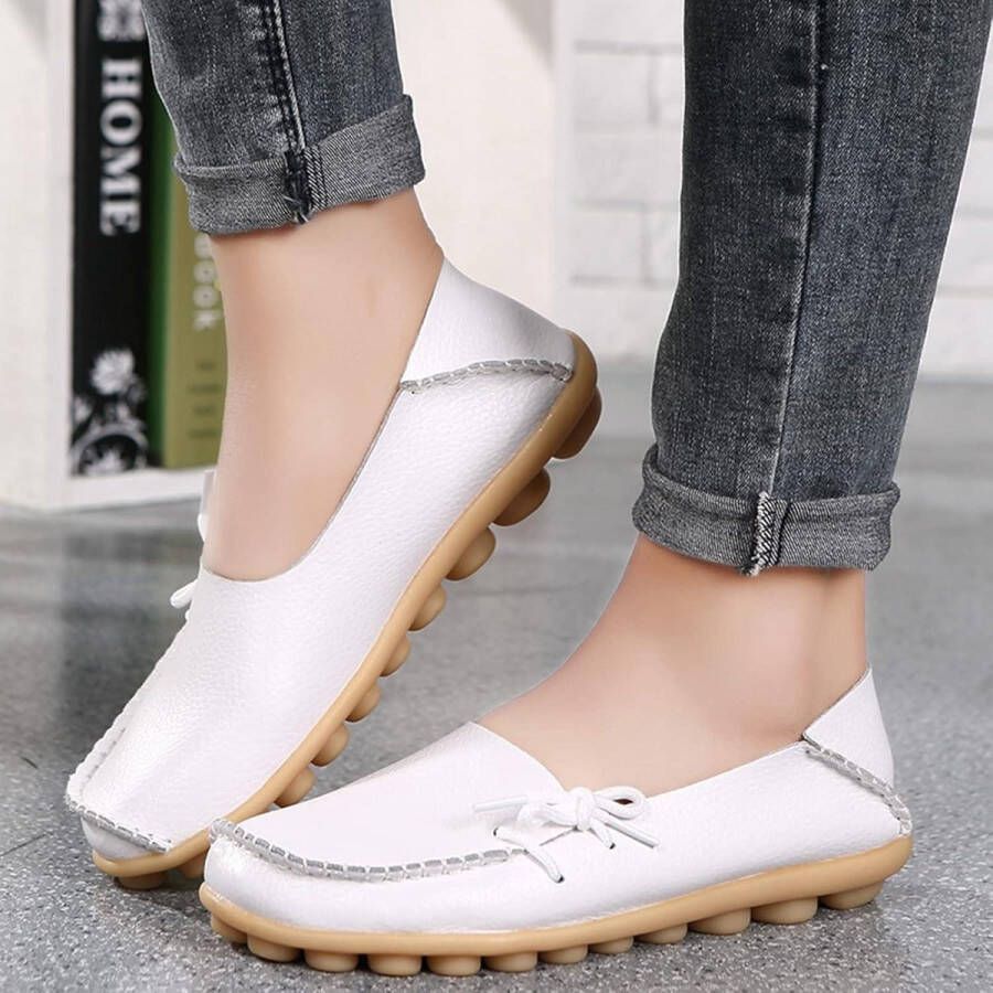 Dames leren mocassins casual zachte loafers platte boots slip-ons Wit