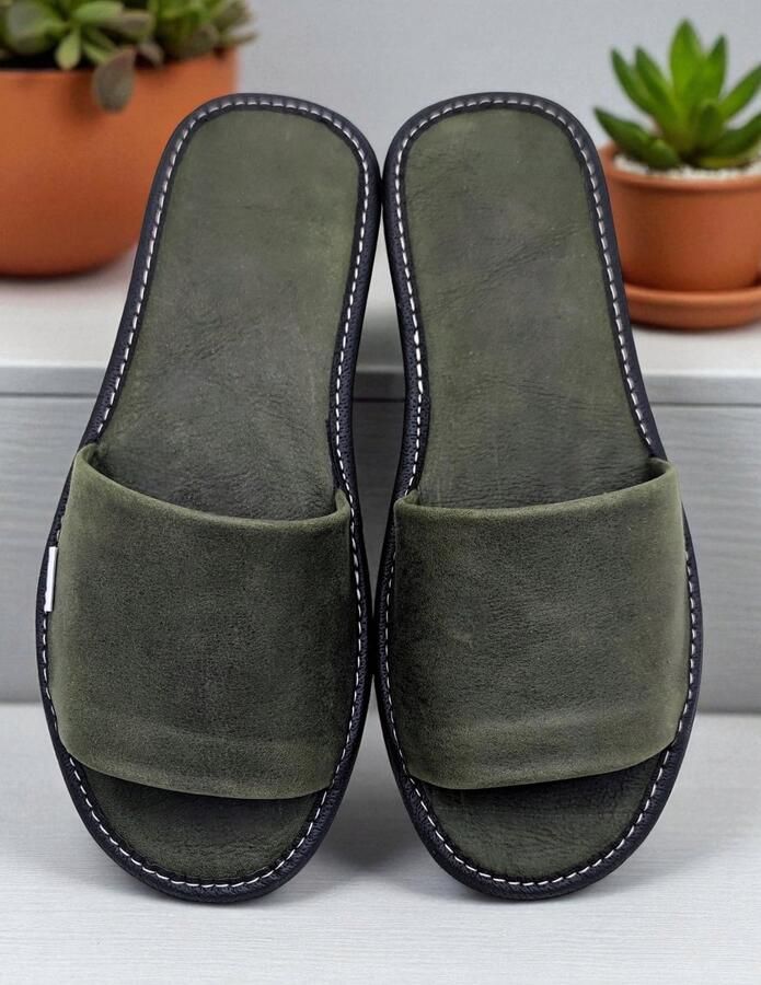 Dames Leren Pantoffels Khaki Groen