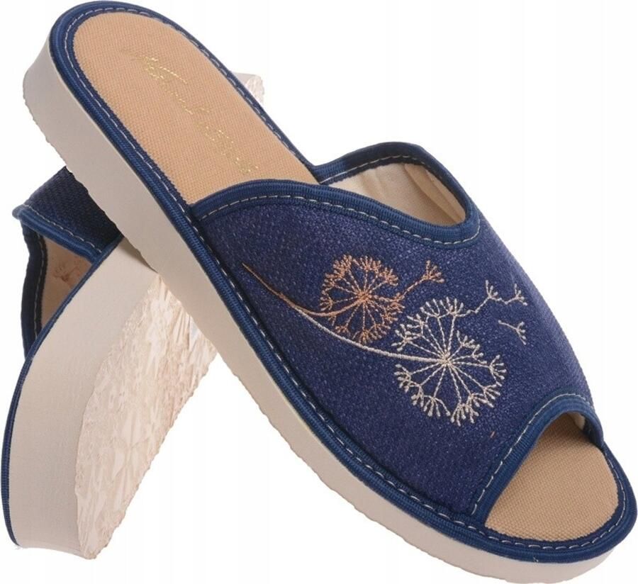 Dames Linnen Slippers Open Teen Marineblauw Beige