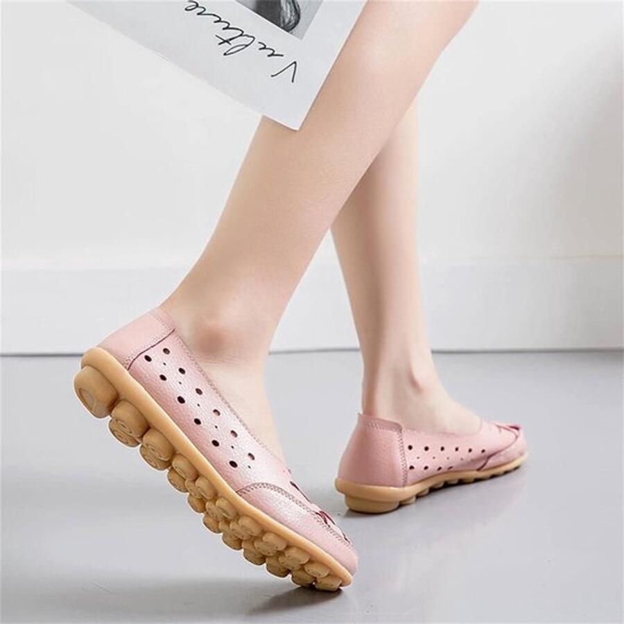 Dames- Loafers Comfortabel Roze Casual Ronde neus Mocassins Lederen Wandelen Vrouwen Geschikt voor Bootschoenen Zacht Rijden Platte schoenen Opengewerkt