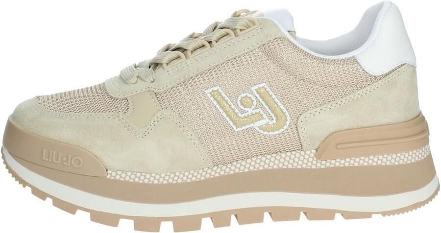 Dames sneakers laag beige met plateauzool van leer en textiel
