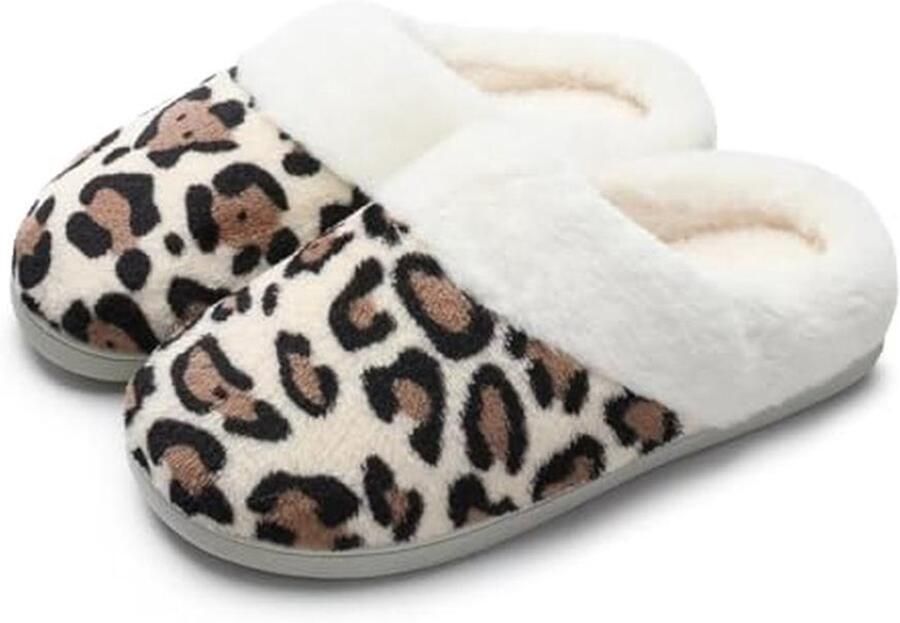 Dames Luipaard Slippers Met Koraalpluche Voering Comfortabele Geheugen Schuim Antislip Huisschoenen