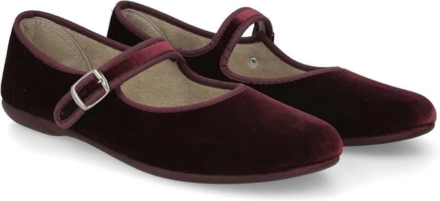 Dames Mary Janes. Platte ballerinas Velvet MaryJane Casual Comfortabele Sandalen. Gemaakt in SPANJE. Sluiting met Gesp. Zwart en Bordeaux
