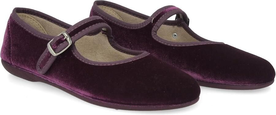 Dames Mary Janes. Platte ballerinas Velvet MaryJane Casual Comfortabele Sandalen. Gemaakt in SPANJE. Sluiting met Gesp. Zwart en Bordeaux - Foto 1