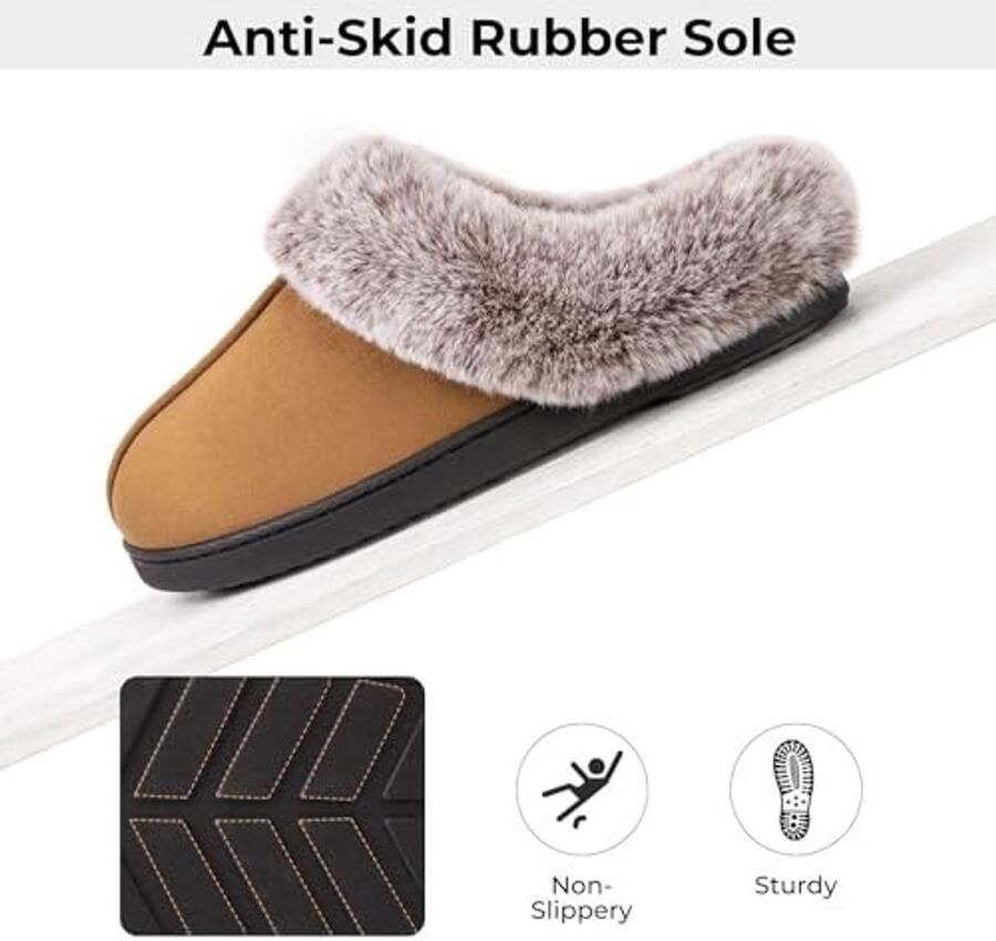 Dames Microsuede Memory Foam Slippers Bruin met Imitatiebont - Foto 1