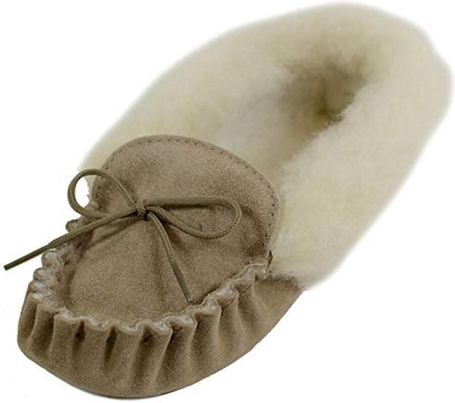 Dames Mocassin Slippers van Beige Camel Suède met Wollen Voering en Manchet
