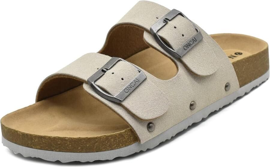 Dames muiltjes met open teen suède voetbed en kurkzool verstelbare gesp