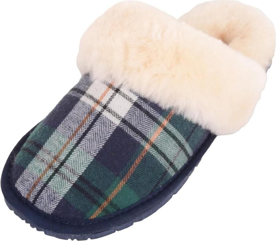 Dames Muiltjes met Schapenvacht Voering en Geruite Rand Groen
