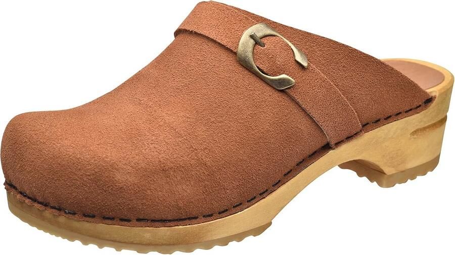 Dames Muiltjes met Zacht Suède en Gesp Comfortabel Houten Voetbed