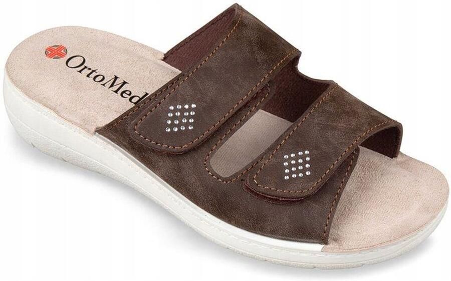 Dames Ortopedische Bruine Suède Pantoffels met Strass
