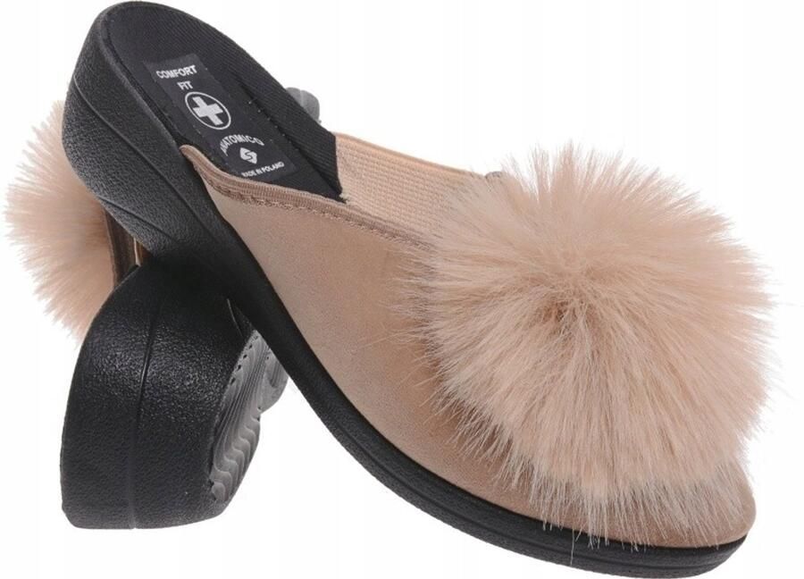 Dames Pantoffels Beige met Pompon Comfortabel & Nederlands