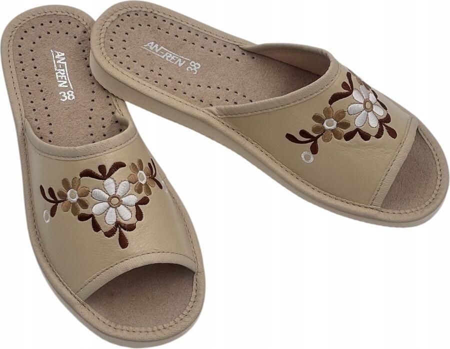 Dames Pantoffels Beige Open Geborduurd Comfortabel
