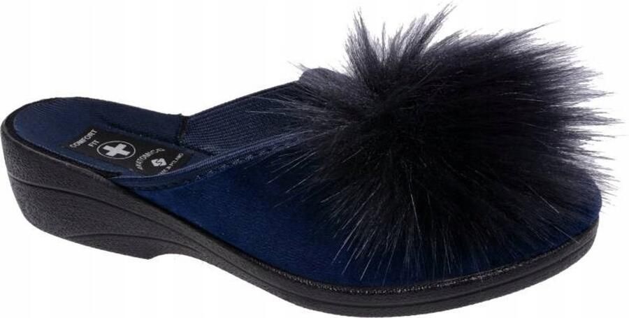 Dames Pantoffels Blauw Comfortabele Natuurlijke Wol met Pompon