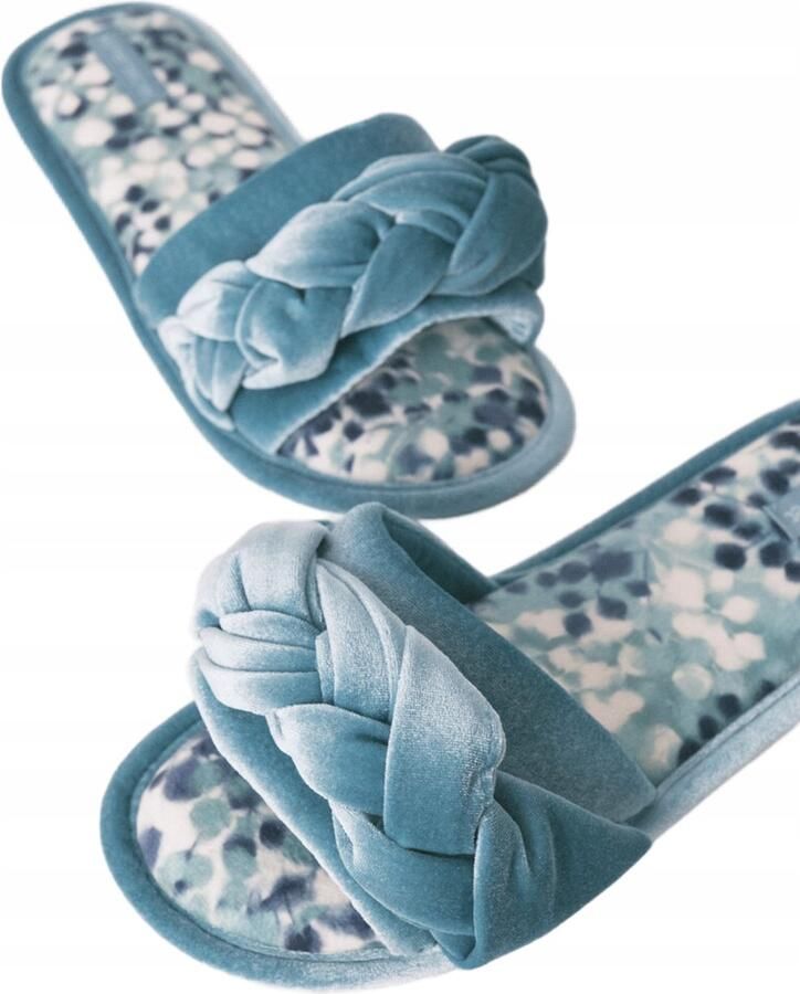 Dames Pantoffels Blauw Velours met Knoop
