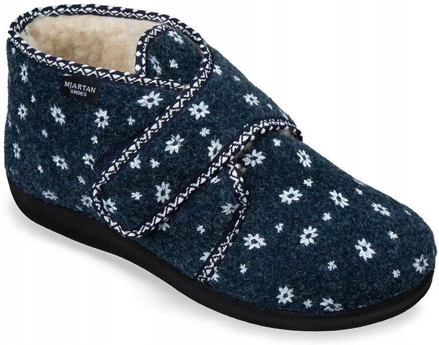 Dames pantoffels blauw wol met klittenband en sterrenprint