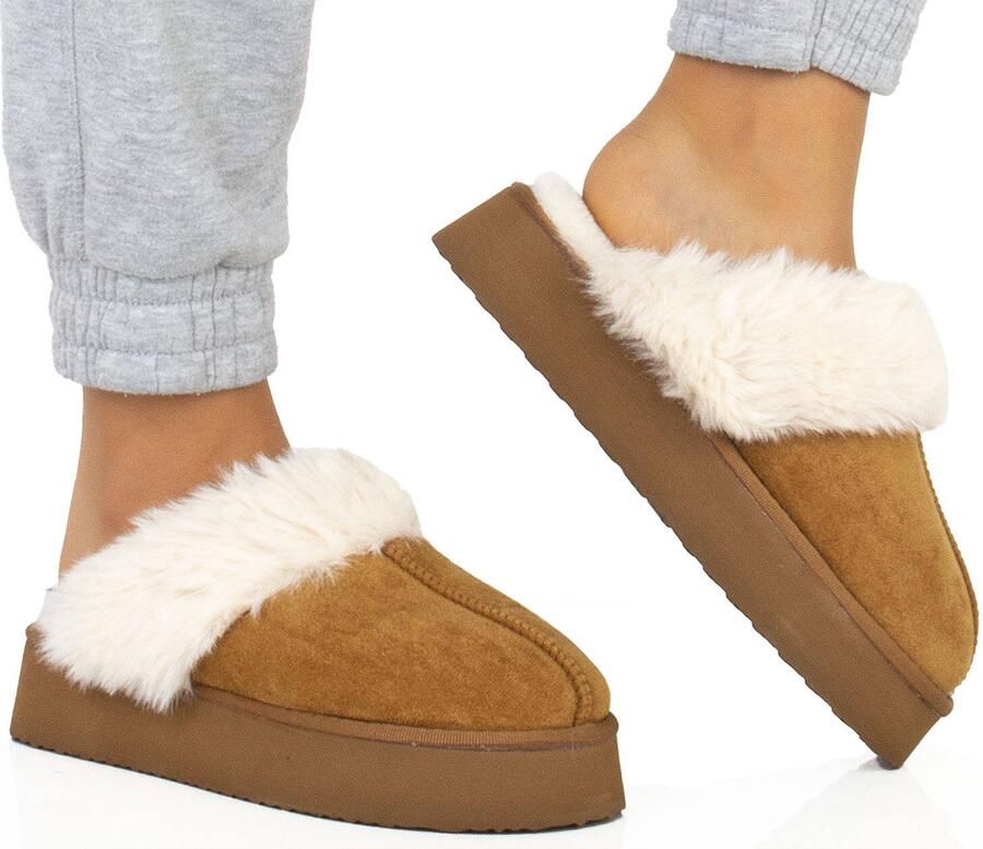 Dames Pantoffels Camel Instappers Platform Wolvilt
