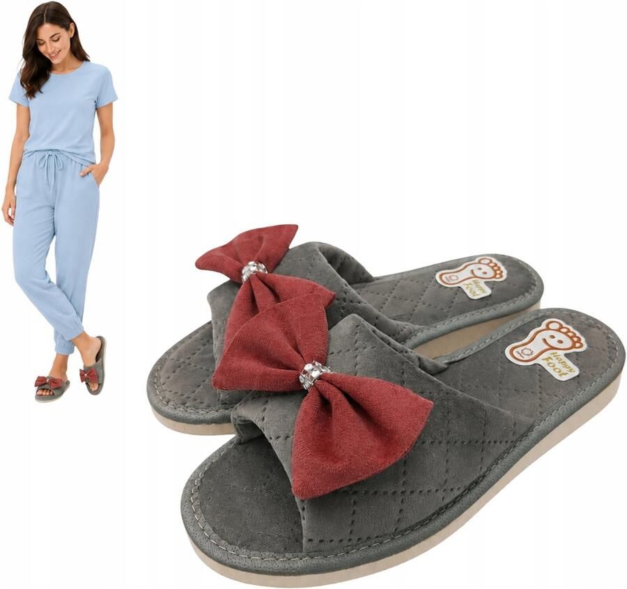 Dames Pantoffels Grijs met Roze Strik