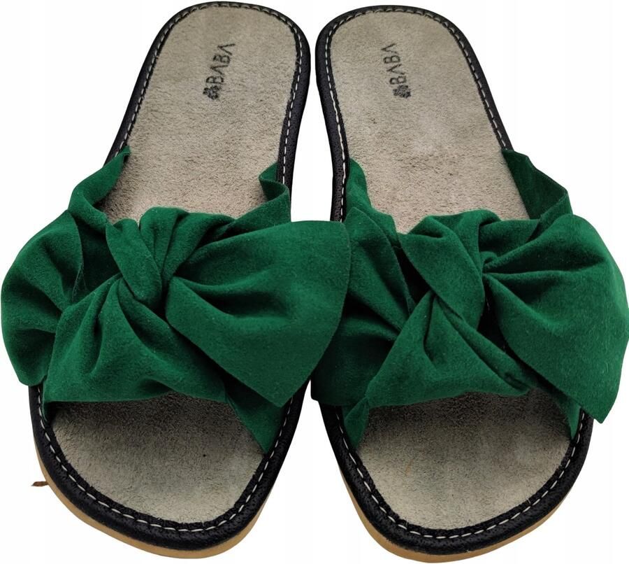 Baba Dames pantoffels groen leer met strik Comfortabele huisschoenen