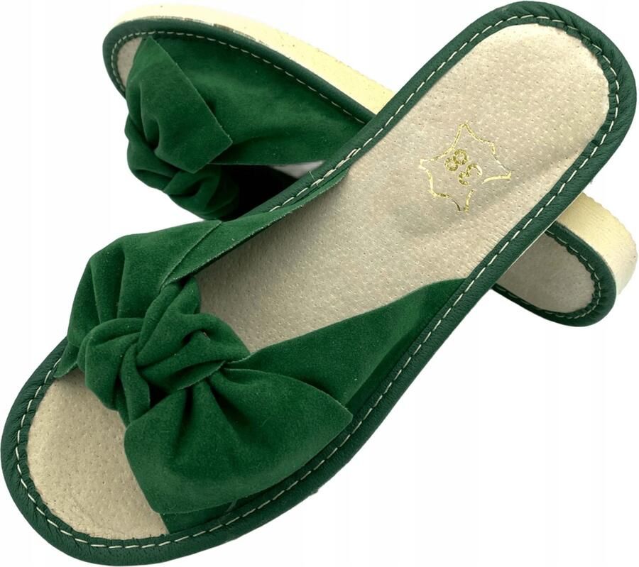 Dames pantoffels groen leer met strik