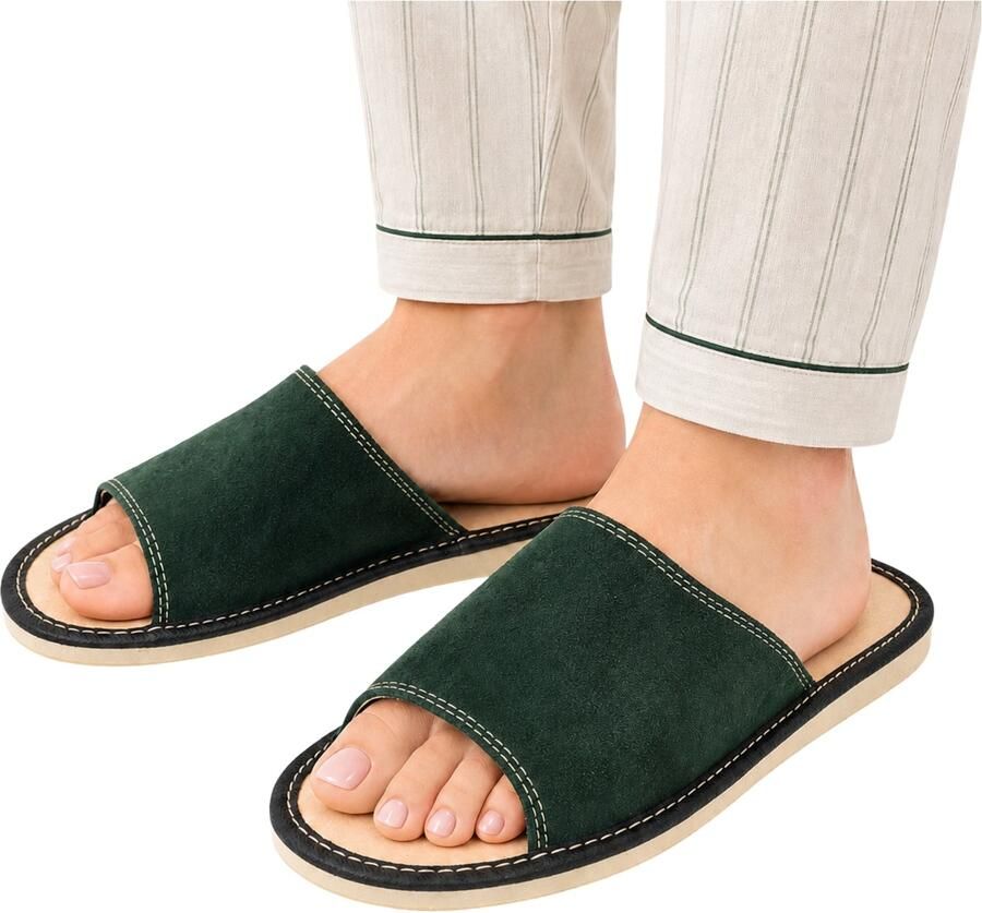 Dames Pantoffels Groen Leer Suede Open Slippers
