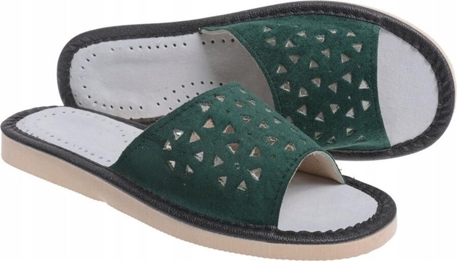 Dames Pantoffels Groen Leerlook Ajour