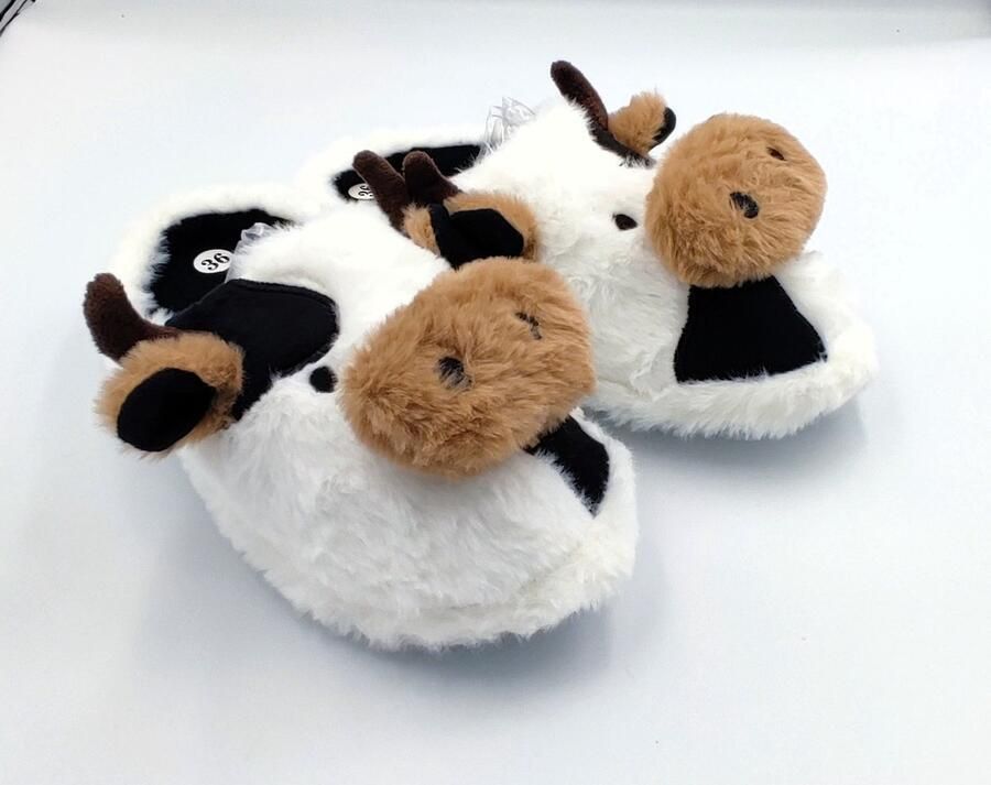 Dames pantoffels koe figuur zachte instap huissloffen lady cow antislip wit zwart bruin