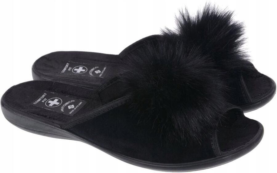 Dames pantoffels met pompon zwart