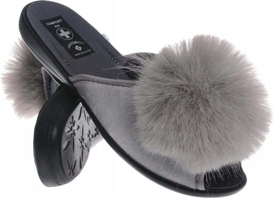 Dames Pantoffels Lage Pompon Grijs