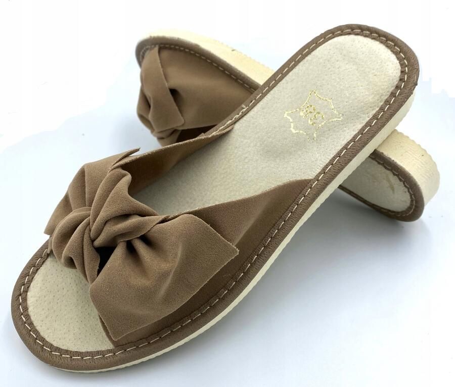 Dames Pantoffels Leer Beige Strik