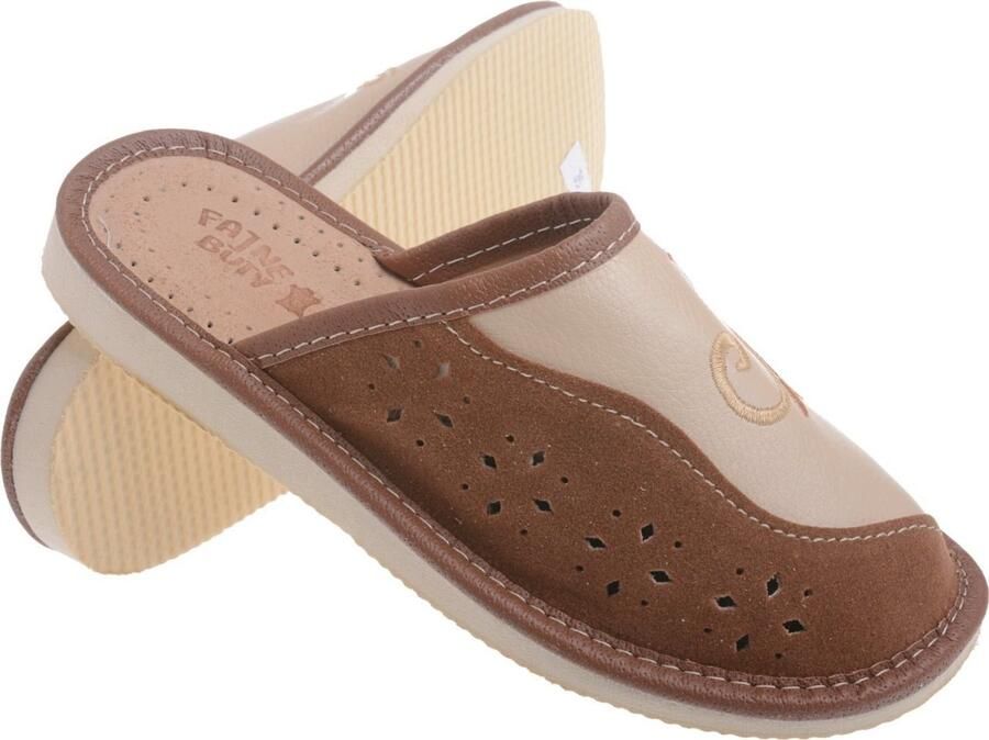 Dames Pantoffels Leer Beige Bruin Ademend & Comfortabel