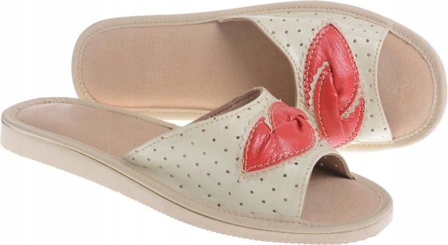 Dames Pantoffels Leer Beige Rood Comfortabel & Stijlvol