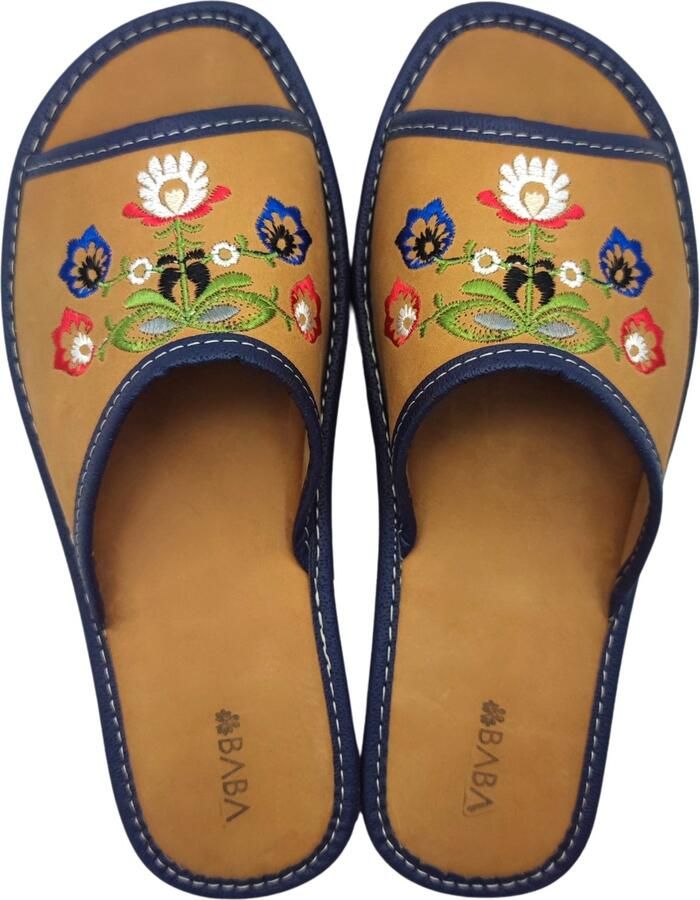 Dames Pantoffels Leer Geborduurd Comfortabel Bloemen Folk
