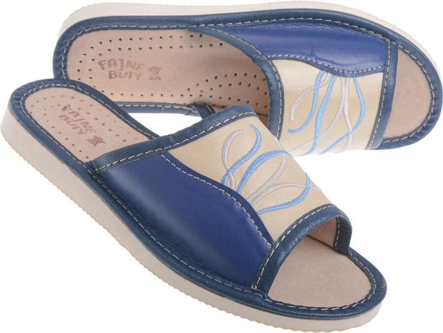 Dames Pantoffels Leer Gevlochten Marineblauw