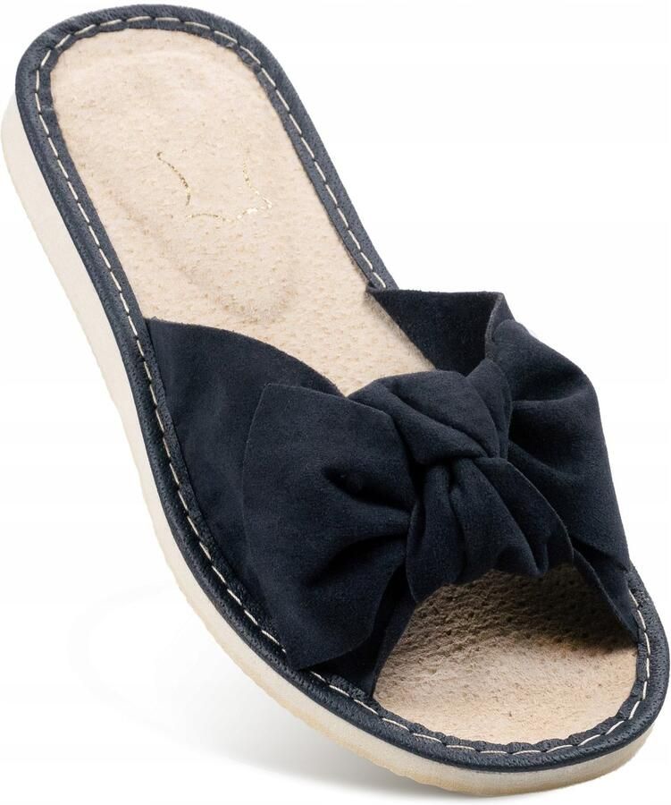 Dames Pantoffels Leer Navy Blauw met Strik