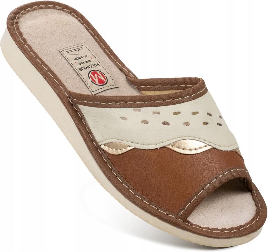 Dames Pantoffels Leer Wit-Bruin Comfortabel Huis Schoenen