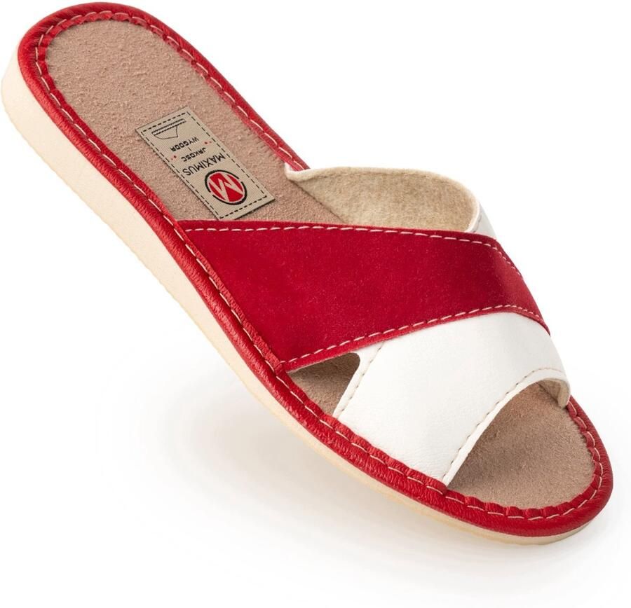 Dames Pantoffels Leer Wit Rood Comfortabel & Stijlvol