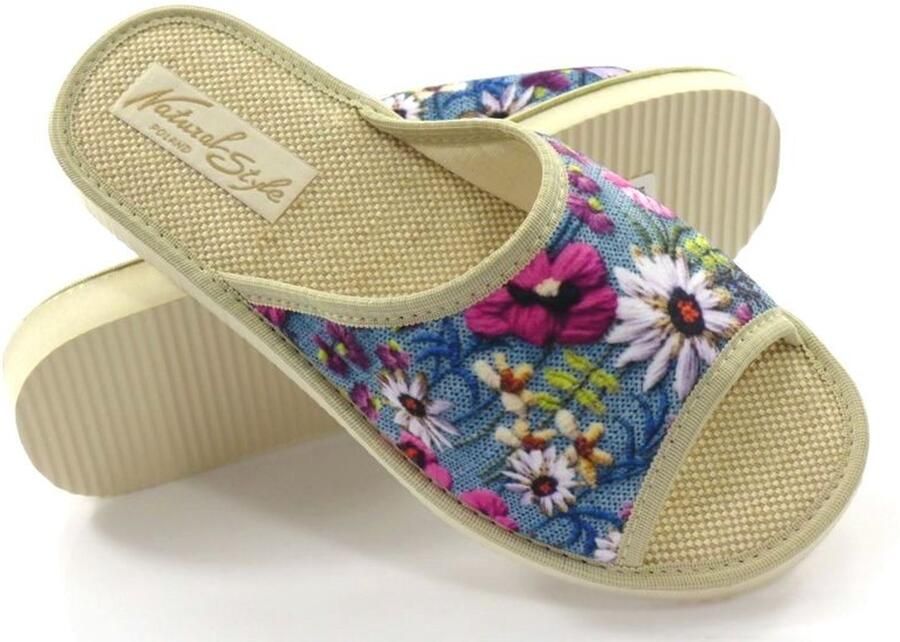 Dames pantoffels linnen open blauw bloemen