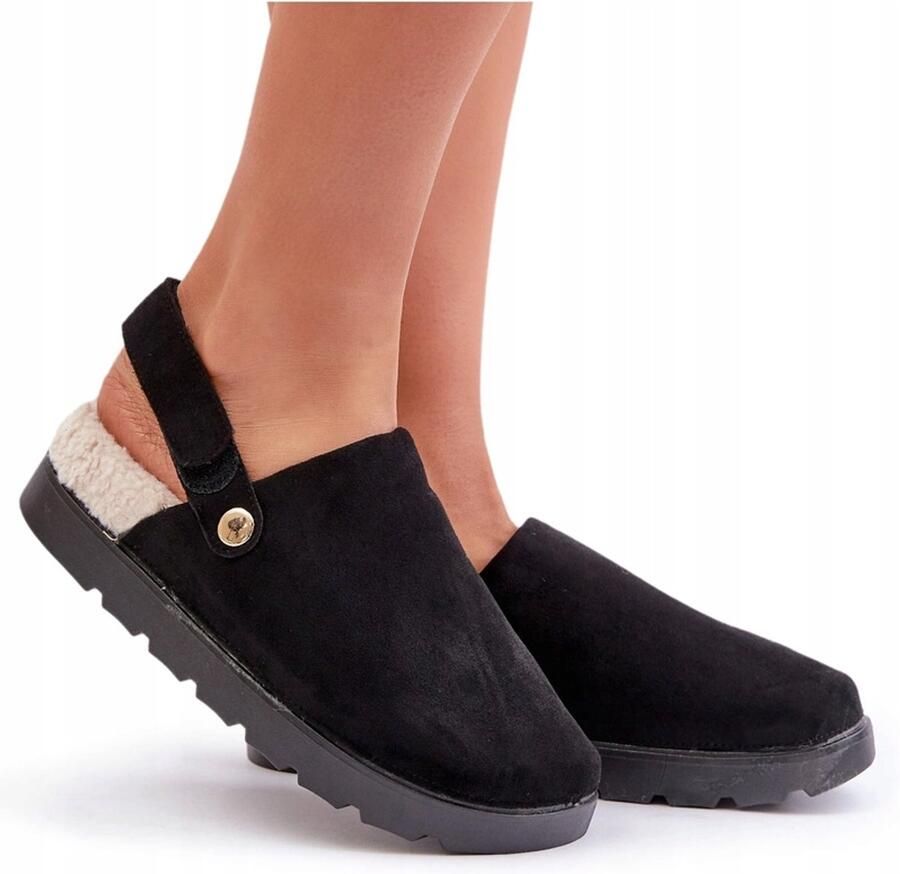 Dames pantoffels met lamswol voering platform en klittenband zwart