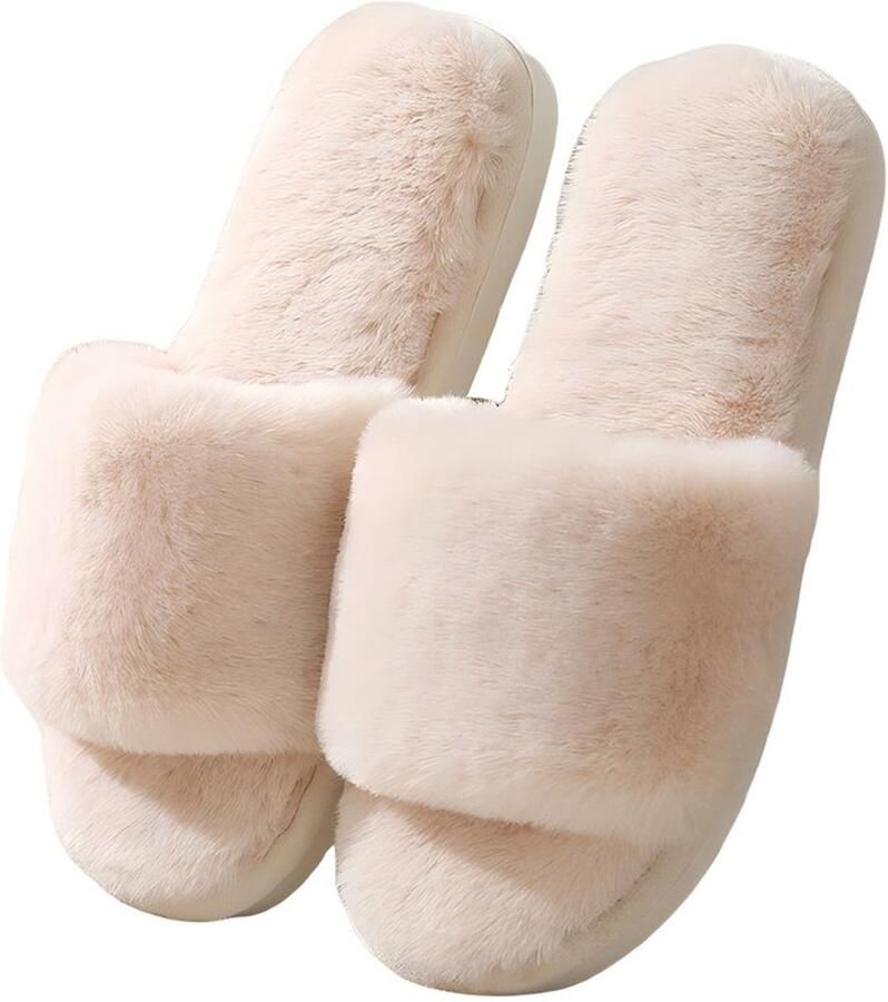 Dames pantoffels met pluche plateauzool Zachte pantoffels voor binnenshuis Pantoffels met traagschuim Platte pantoffels met open teen Warme pantoffels voor binnen