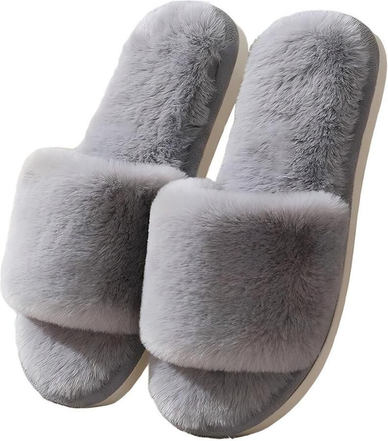 Dames pantoffels met pluche plateauzool Zachte pantoffels voor binnenshuis Pantoffels met traagschuim Platte pantoffels met open teen Warme pantoffels voor binnen