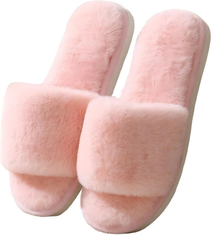 Dames pantoffels met pluche plateauzool Zachte pantoffels voor binnenshuis Pantoffels met traagschuim Platte pantoffels met open teen Warme pantoffels voor binnen