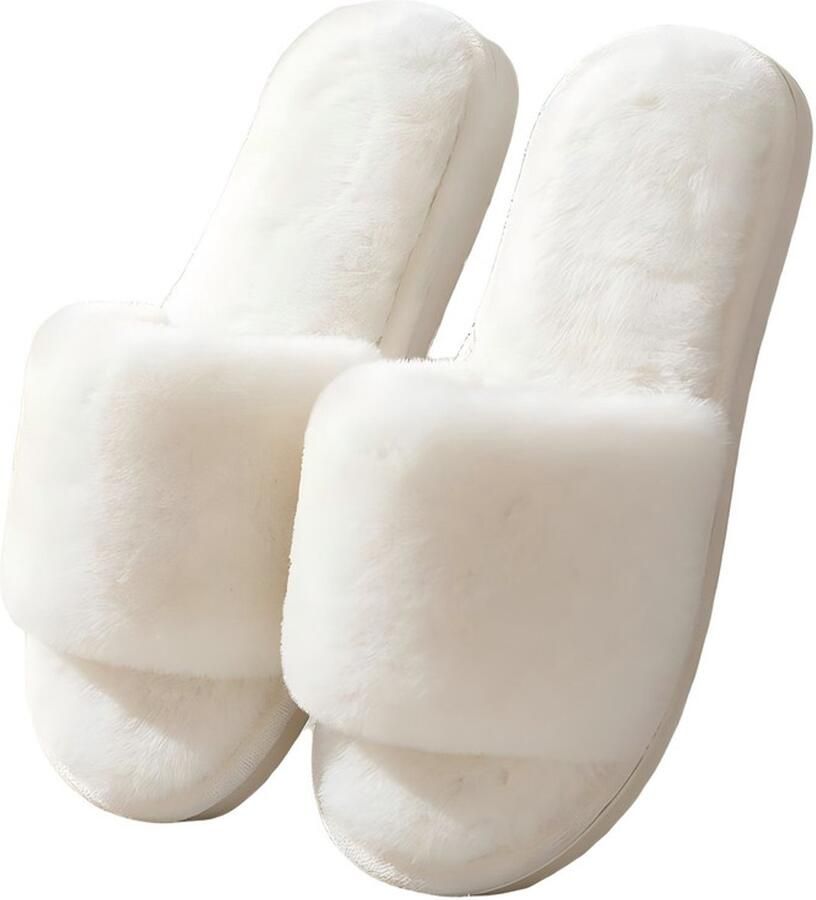 Dames pantoffels met pluche plateauzool Zachte pantoffels voor binnenshuis Pantoffels met traagschuim Platte pantoffels met open teen Warme pantoffels voor binnen