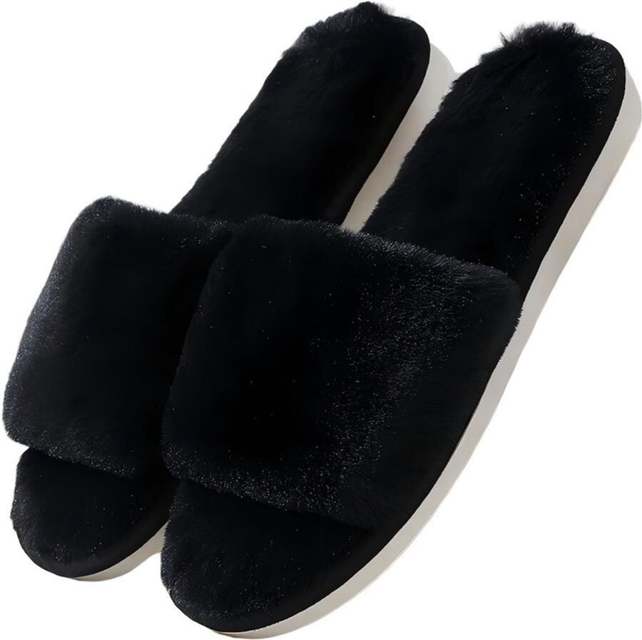Dames pantoffels met pluche plateauzool Zachte pantoffels voor binnenshuis Pantoffels met traagschuim Platte pantoffels met open teen Warme pantoffels voor binnen