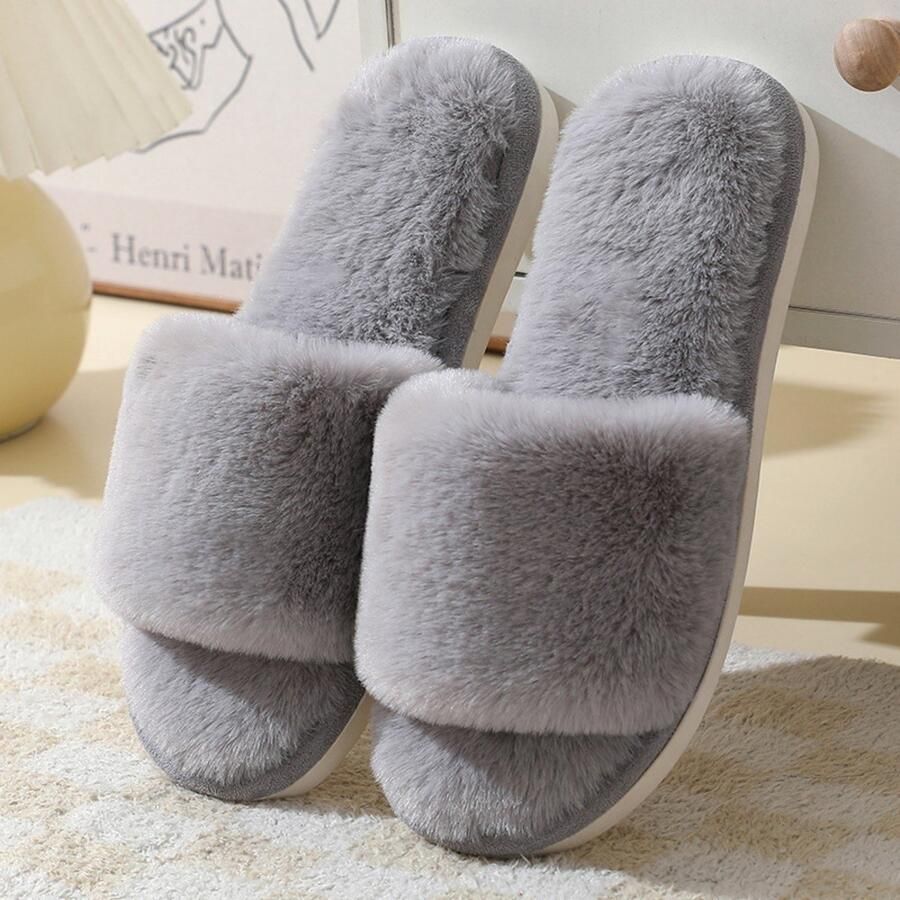 Dames pantoffels met pluche plateauzool Zachte pantoffels voor binnenshuis Pantoffels met traagschuim Platte pantoffels met open teen Warme pantoffels voor binnen