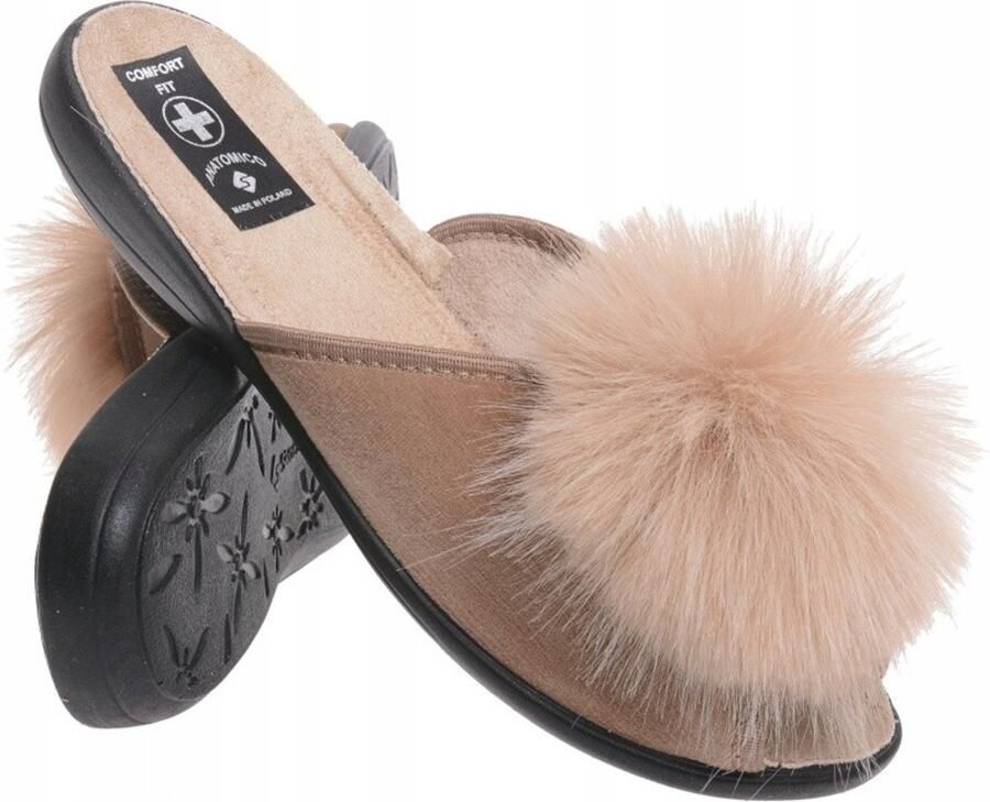Dames pantoffels met pompon beige